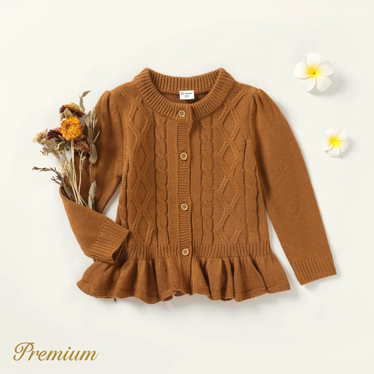 Toddler Girl Button Placket Peplum Cable Knit Sweater   big image 1