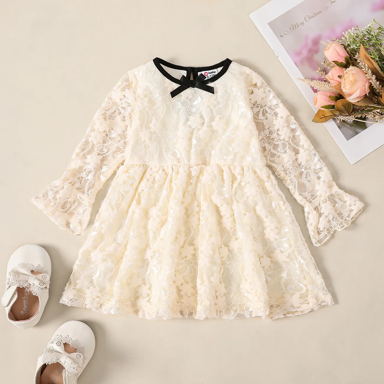Baby Girl Sweet Solid Color Lace Long Sleeve Dresses  big image 1