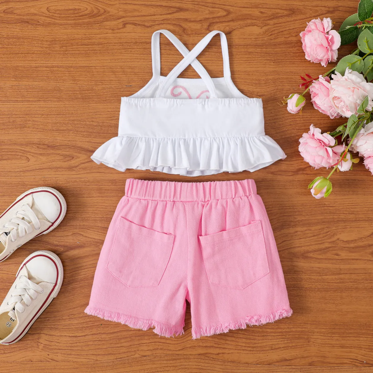 2pcs Toddler Girl Butterfly Embroidery Peplum Camisole and Ripped Shorts Set Pink image 2