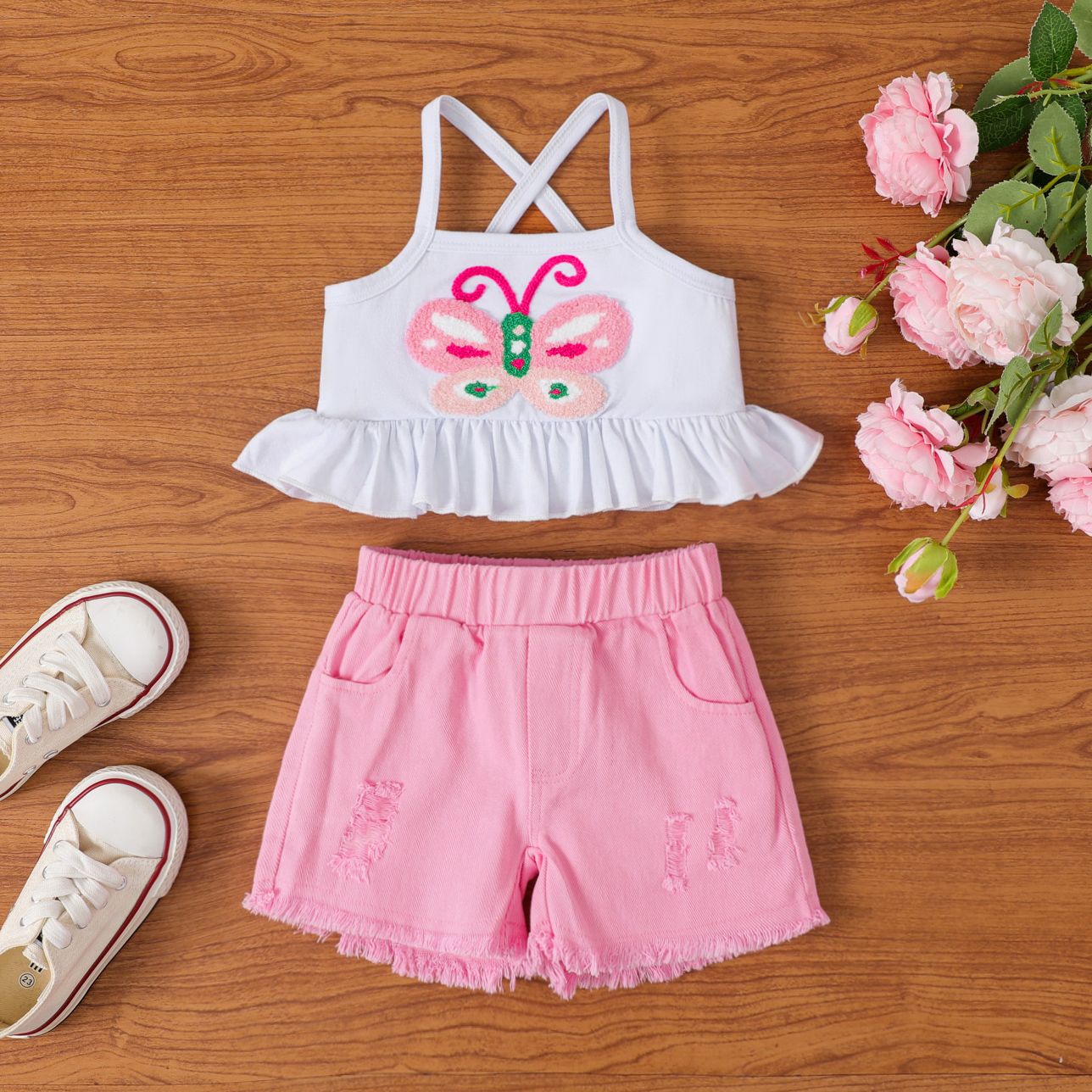 2pcs Toddler Girl Butterfly Brodery Ruffle Slip Top Et Ripped Solid Pockets Shorts Set