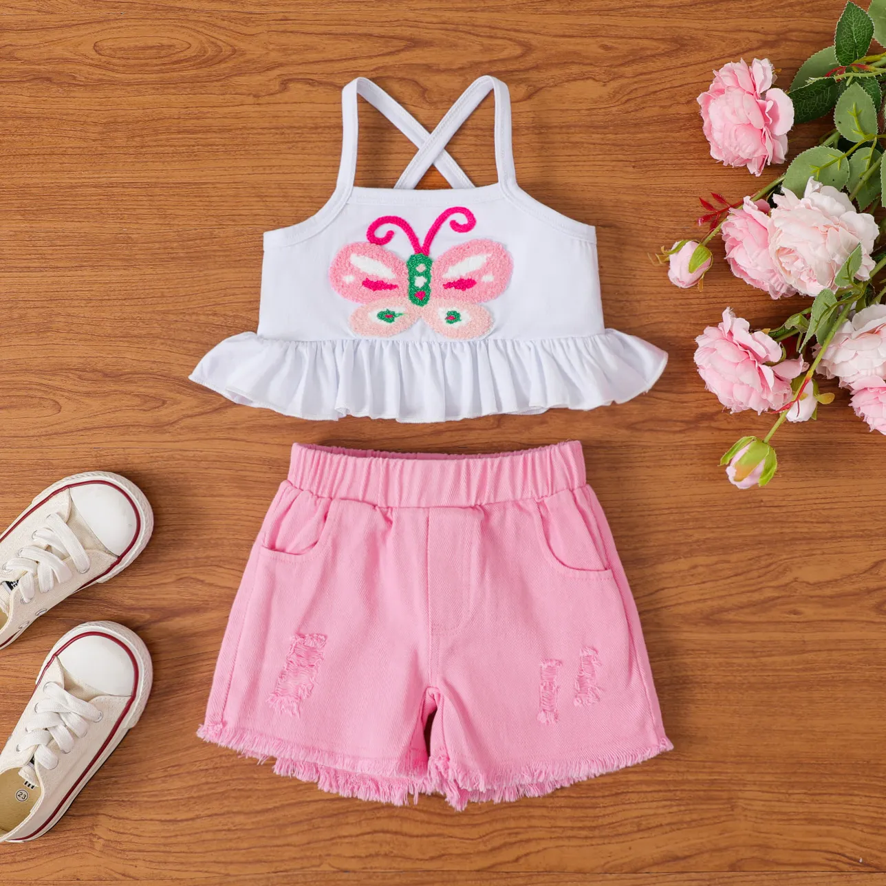 2pcs Toddler Girl Butterfly Embroidery Peplum Camisole and Ripped Shorts Set Pink big image 1