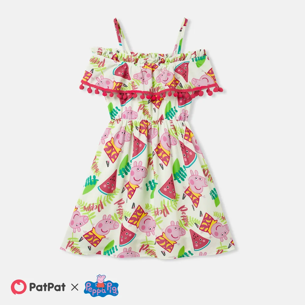 Peppa Pig Mommy and Me Watermelon & Character Print Pom Pom Decor Ruffled Off-Shoulder Slip Dresses big image 1