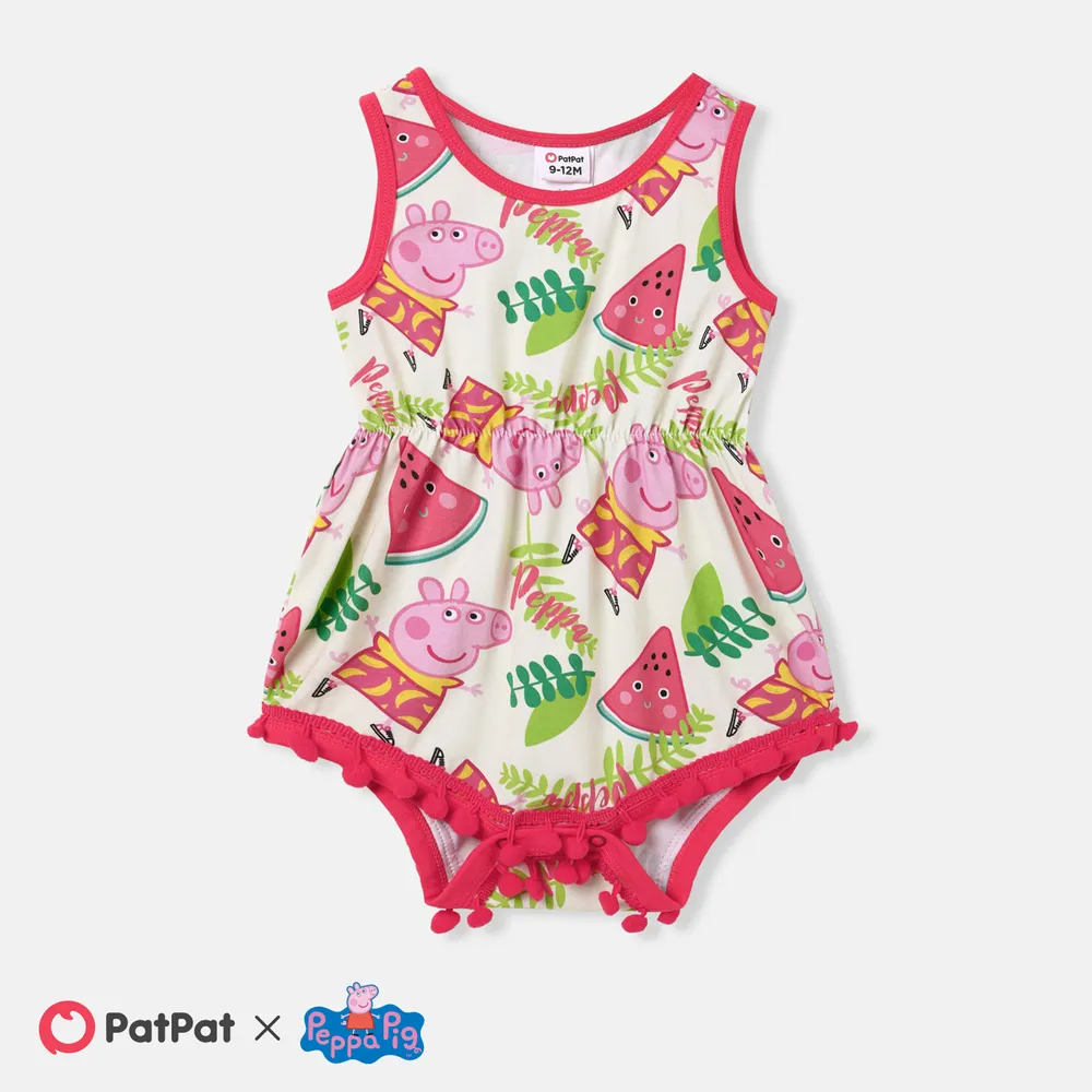 Peppa Pig Mommy and Me Watermelon & Character Print Pom Pom Decor Ruffled Off-Shoulder Slip Dresses big image 3