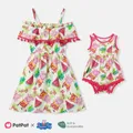 Peppa Pig Mommy and Me Watermelon & Character Print Pom Pom Decor Ruffled Off-Shoulder Slip Dresses  image 2