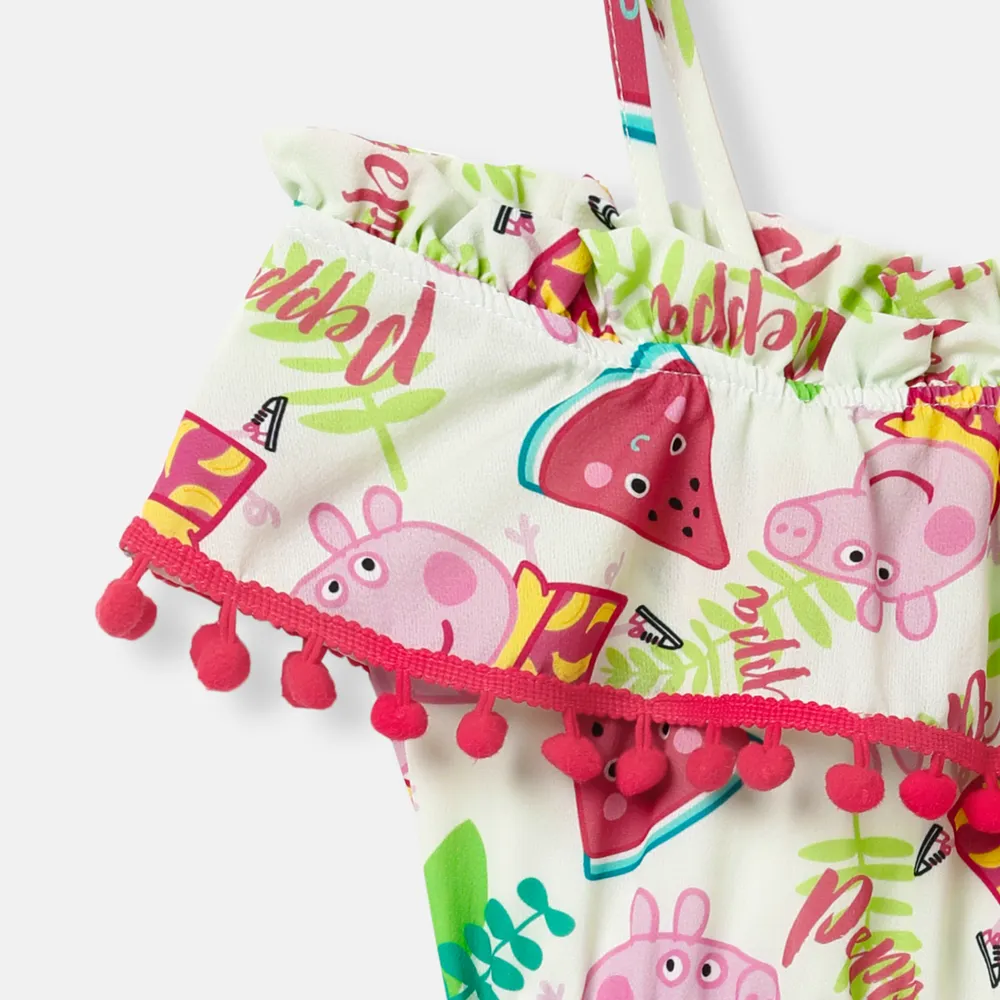 Peppa Pig Mommy and Me Watermelon & Character Print Pom Pom Decor Ruffled Off-Shoulder Slip Dresses big image 5