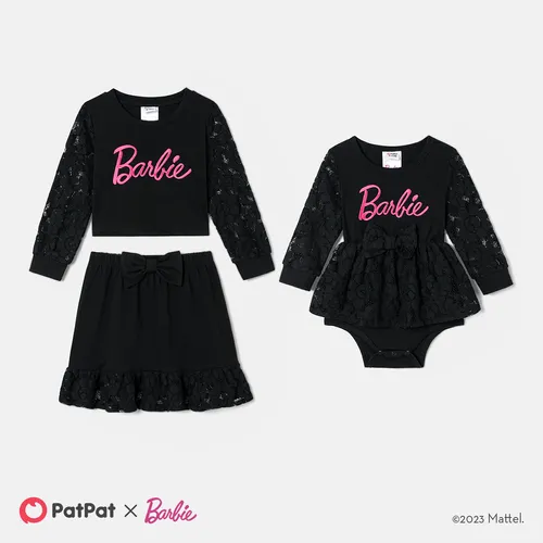Barbie Sibling Matching Letter Embroidered Guipure Lace Panel Long-sleeve Skirt Set and Bodysuit Dress