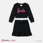 Barbie Sibling Matching Letter Embroidered Guipure Lace Panel Long-sleeve Skirt Set and Bodysuit Dress  Black image 5
