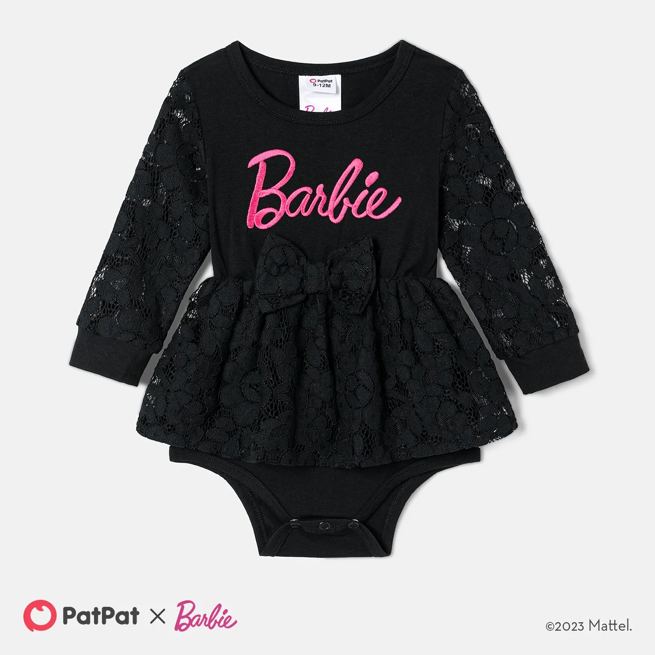 Barbie Sibling Matching Letter Embroidered Guipure Lace Panel Long-sleeve Skirt Set and Bodysuit Dress  Black big image 1