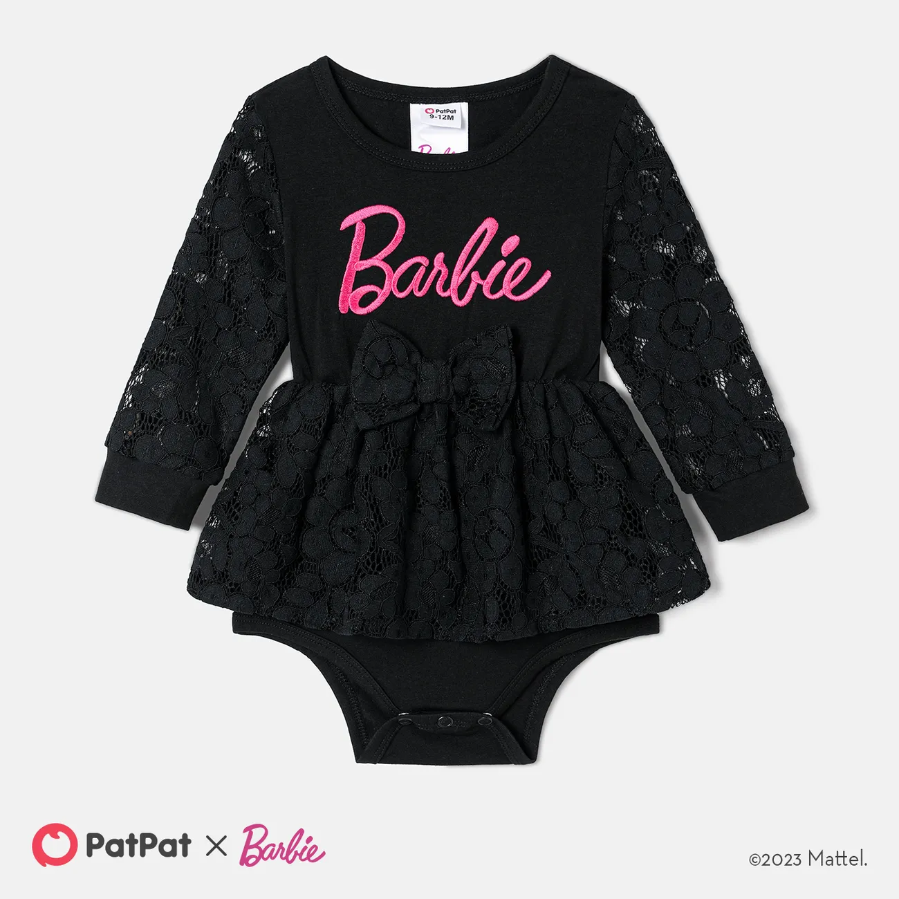 Barbie Sibling Matching Letter Embroidered Guipure Lace Panel Long-sleeve Skirt Set and Bodysuit Dress Black big image 1