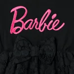 Barbie Sibling Matching Letter Embroidered Guipure Lace Panel Long-sleeve Skirt Set and Bodysuit Dress  Black image 3