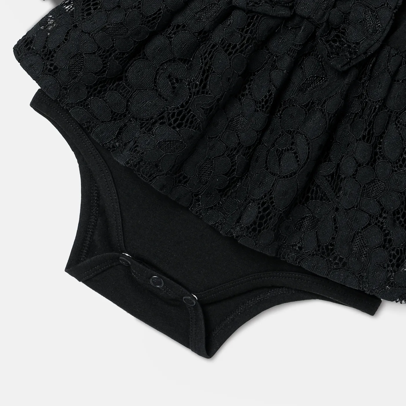 Barbie Sibling Matching Letter Embroidered Guipure Lace Panel Long-sleeve Skirt Set and Bodysuit Dress  Black image 4