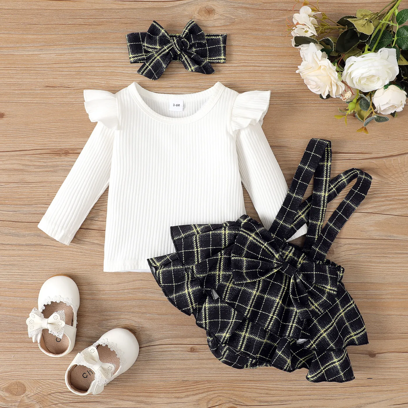 3pcs Baby Girl Ribbed Ruffle Solid Long-sleeve Top and Bow Decor Strappy Bodysuit Dress & Headband Set 