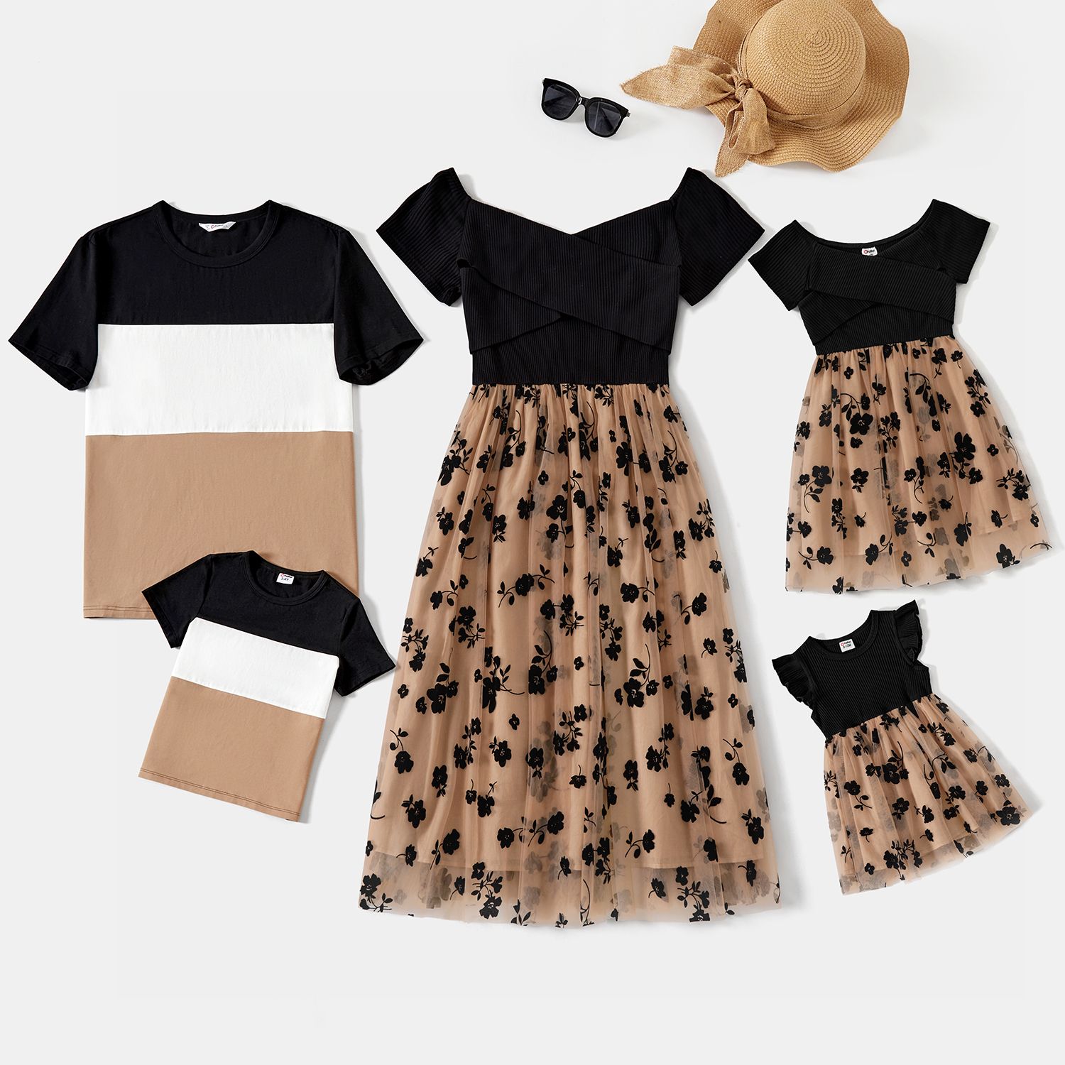 Family Matching Floral-Print Mesh Dresses And Color-Block Short-Sleeved Tops