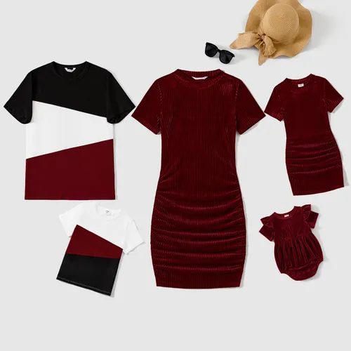 Family Matching Solid Knit Ruched Bodycon Dresses And Color Block Short Sleeve Tops Sets