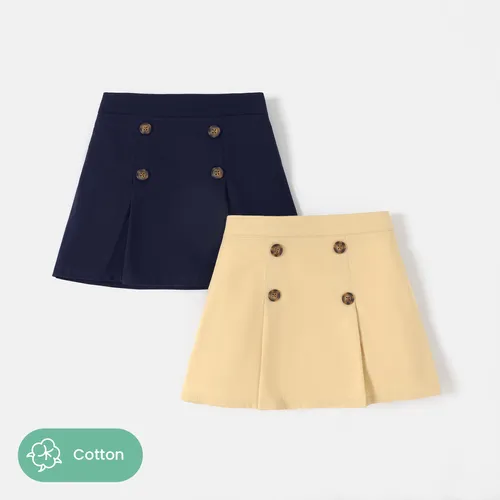 Toddler Girl 100% Cotton School Uniform Button Decor Pleated Detail Skirt 