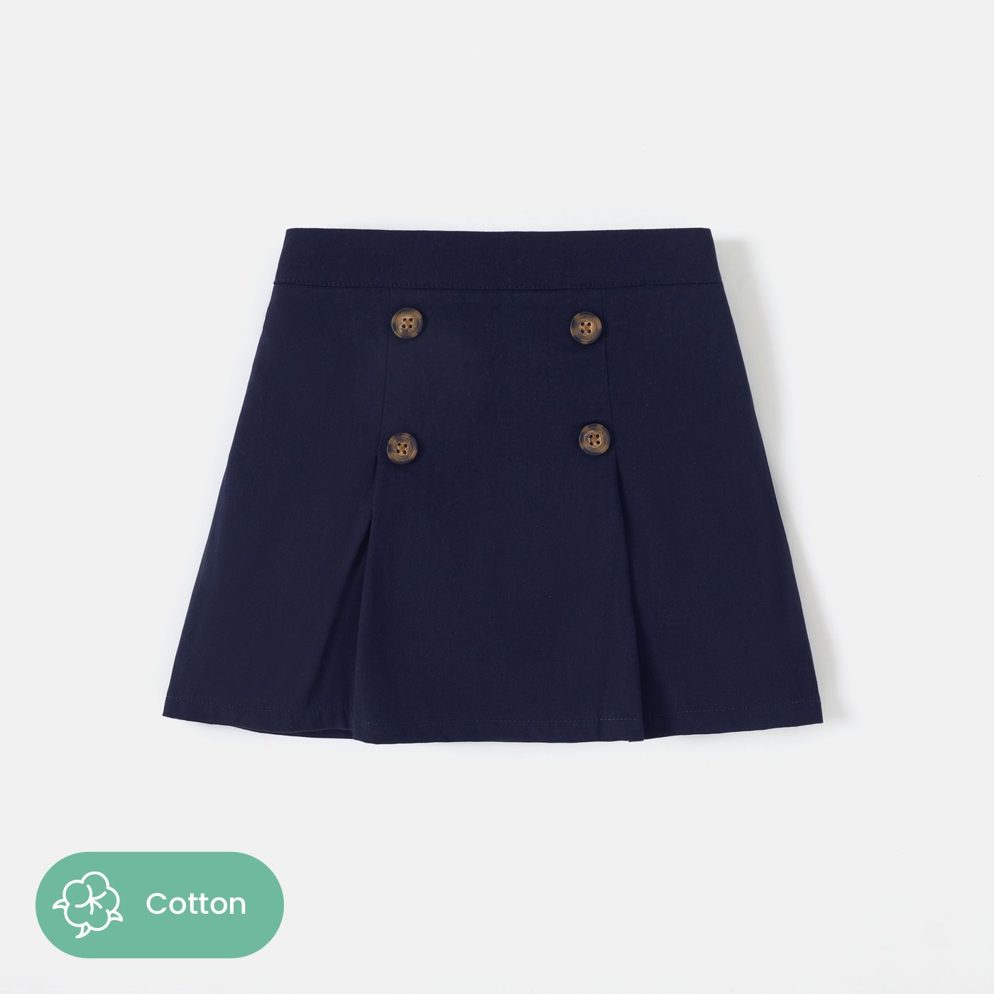 Toddler Girl 100% Cotton School Uniform Button Decor Pleated Detail Skirt