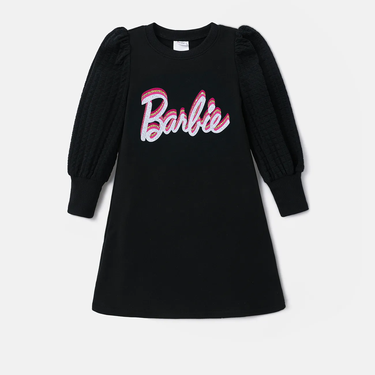 Barbie Kid Girl Letter Print Puff-sleeve Dress  Black big image 1