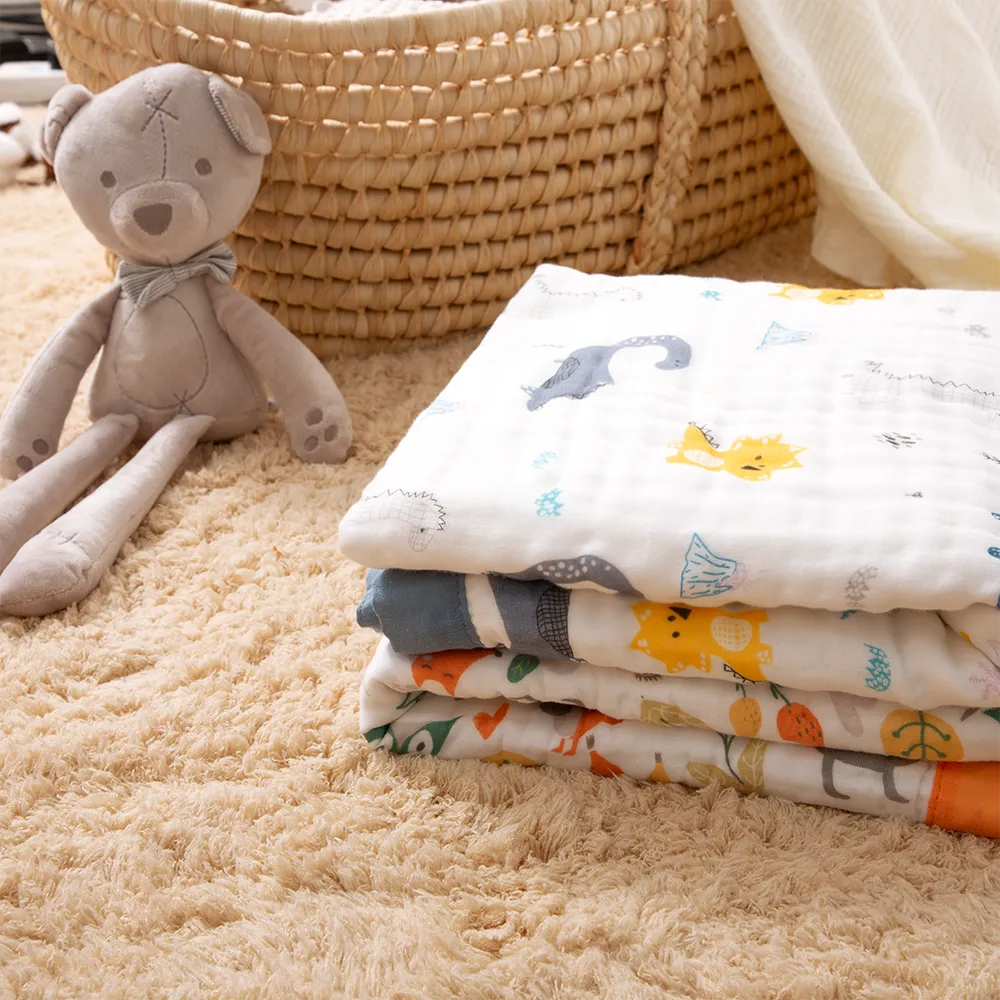 100% Cotton Cartoon Animal Dinosaur Pattern Baby Blankets 6-layer Cotton Gauze Soft Absorbent Newborn Swaddle Blanket Shower Wipes big image 3