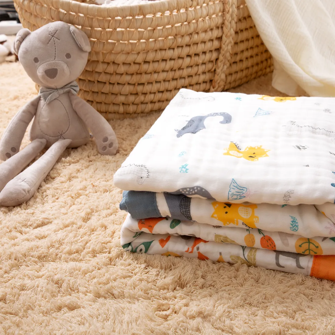100% algodón dibujos animados animal dinosaurio patrón bebé mantas 6 capas gasa de algodón suave absorbente recién nacido manta toallitas de ducha Naranja big image 1
