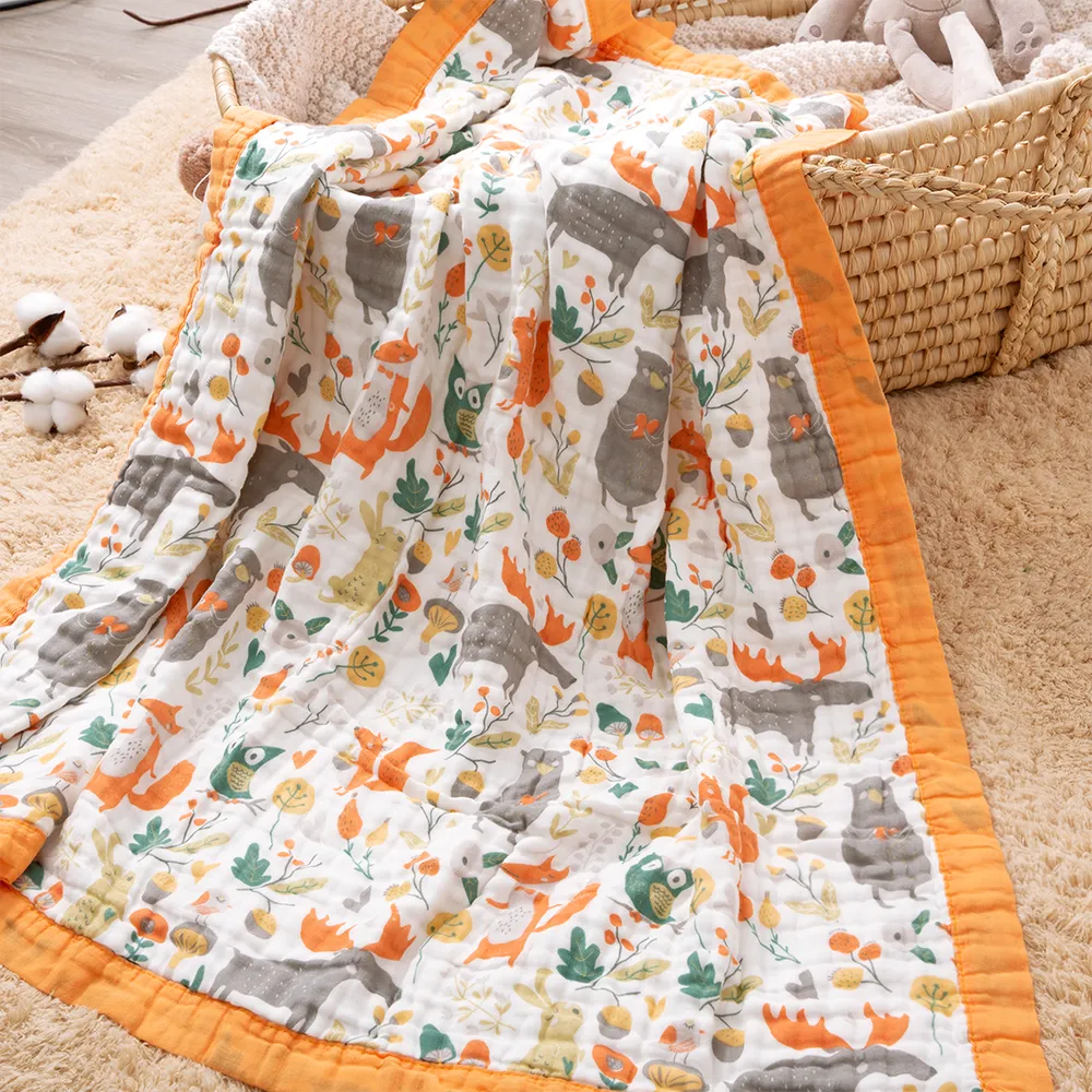 100% Cotton Cartoon Animal Dinosaur Pattern Baby Blankets 6-layer Cotton Gauze Soft Absorbent Newborn Swaddle Blanket Shower Wipes big image 2