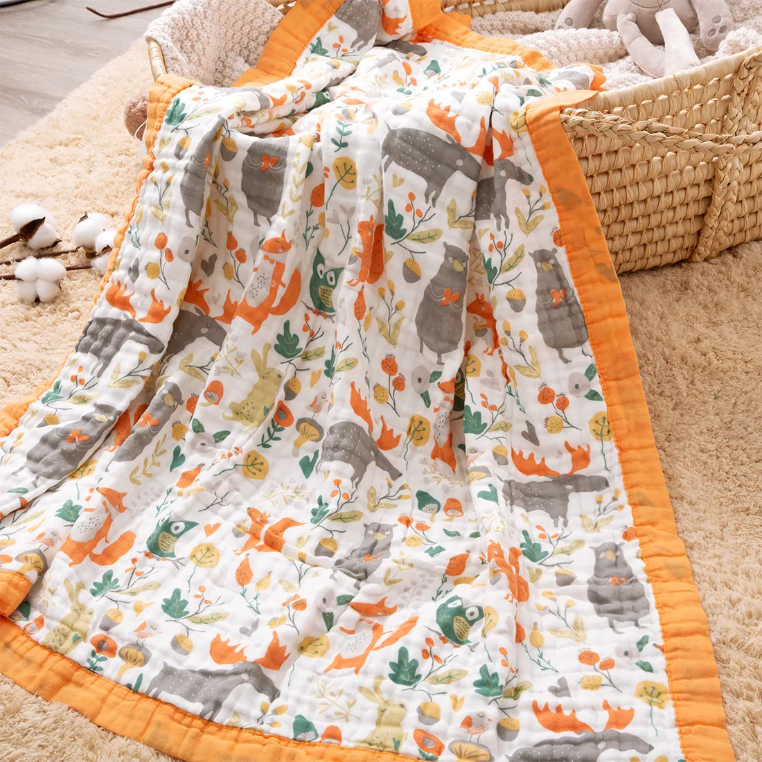 100% Cotton Cartoon Animal Dinosaur Pattern Baby Blankets 6-layer Cotton Gauze Soft Absorbent Newborn Swaddle Blanket Shower Wipes Orange big image 1