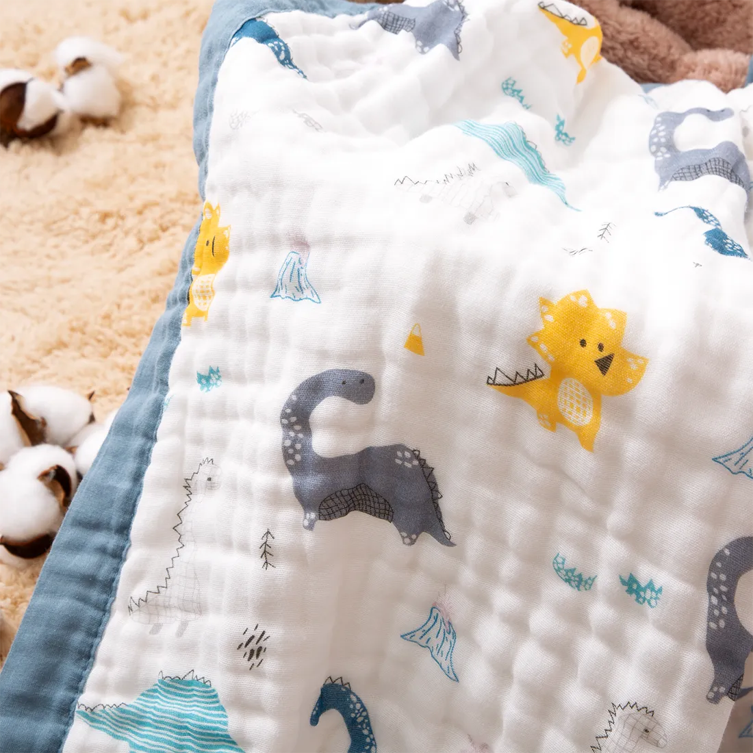 Babydecken aus 100 % Baumwolle mit Cartoon-Tier-Dinosauriermuster, 6-lagige Baumwollgaze, weiche, saugfähige Wickeltücher für Neugeborene blaugrau big image 1