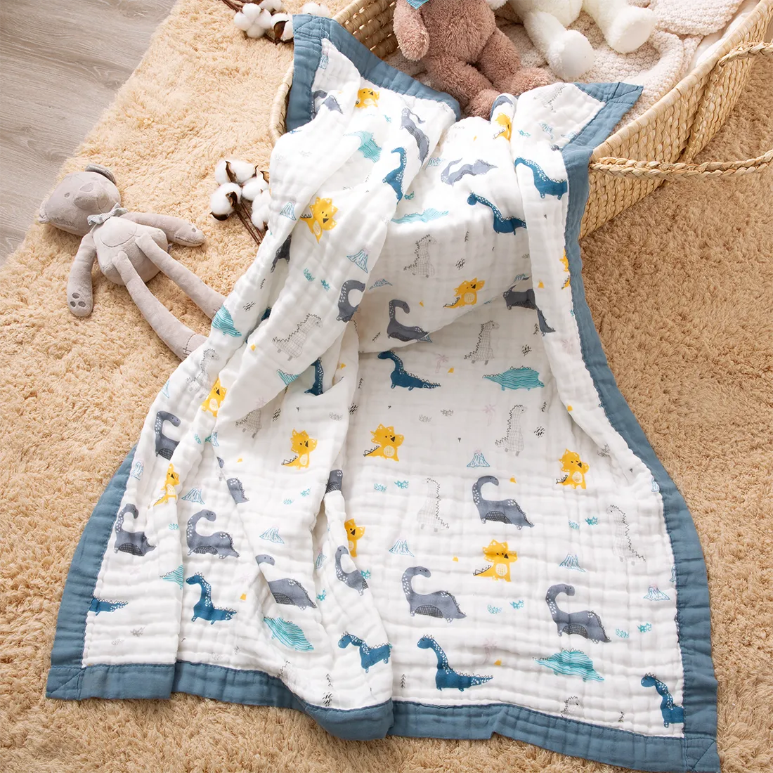 100% Cotton Cartoon Animal Dinosaur Pattern Baby Blankets 6-layer Cotton Gauze Soft Absorbent Newborn Swaddle Blanket Shower Wipes