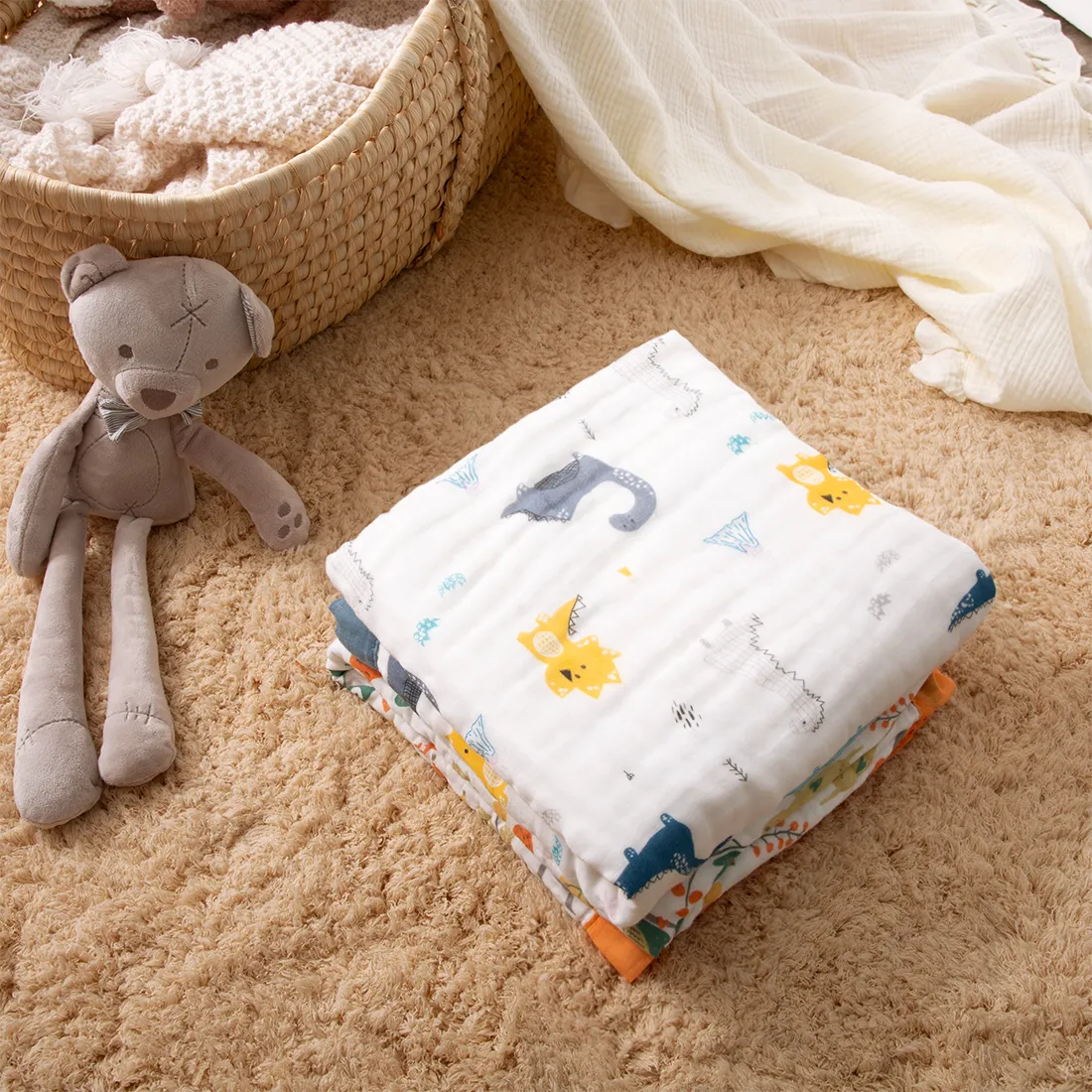 100% Cotton Cartoon Animal Dinosaur Pattern Baby Blankets 6-layer Cotton Gauze Soft Absorbent Newborn Swaddle Blanket Shower Wipes Bluish Grey big image 1