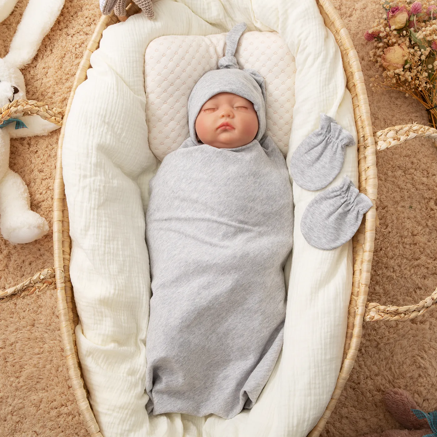 3-pack 100% Cotton Plain Newborn Wearable Blankets & Beanie Hat & Gloves  image 2