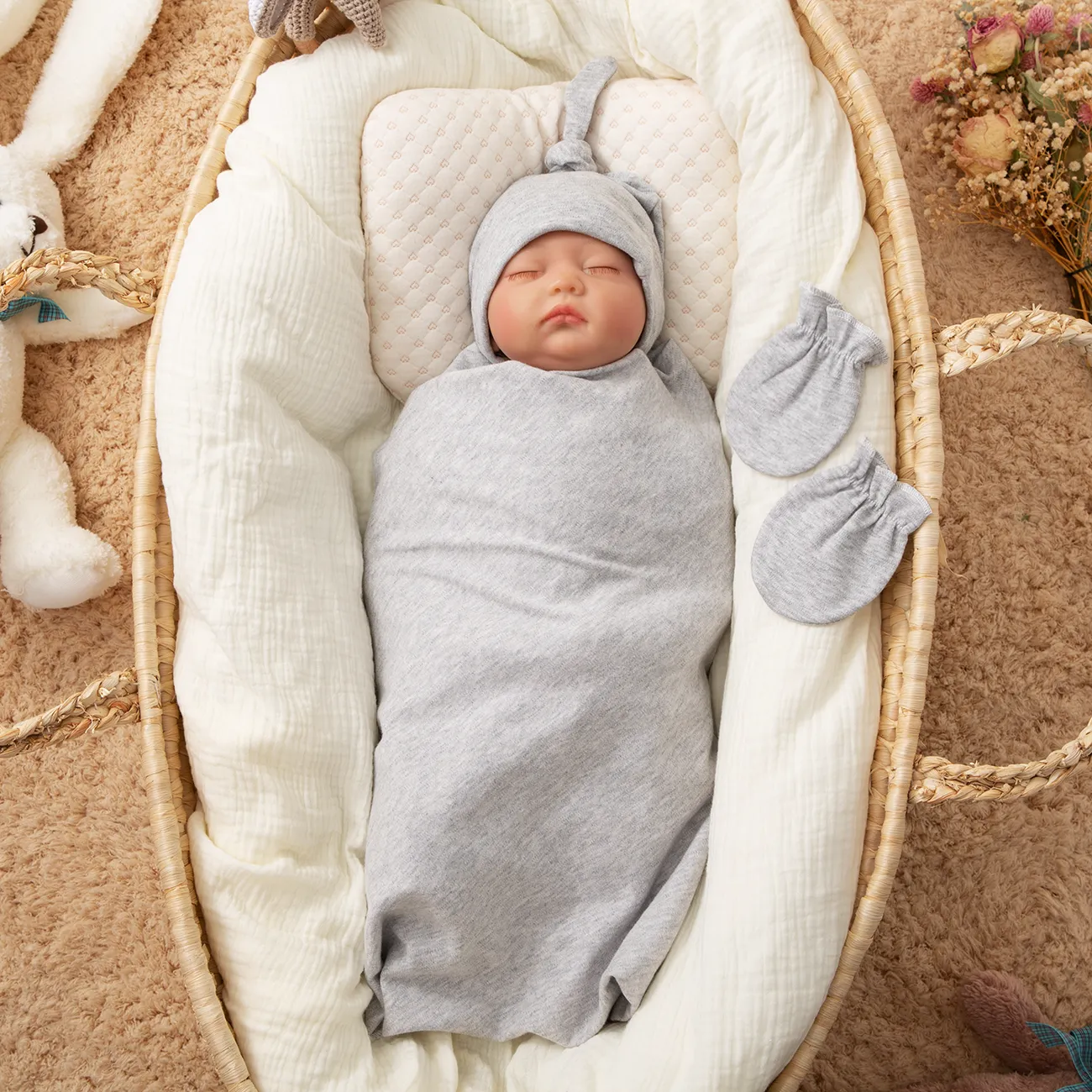3-حزمة 100 ٪ القطن عادي حديثي الولادة البطانيات القابلة للارتداء وقبعة صغيرة والقفازات اللون الرمادي big image 1
