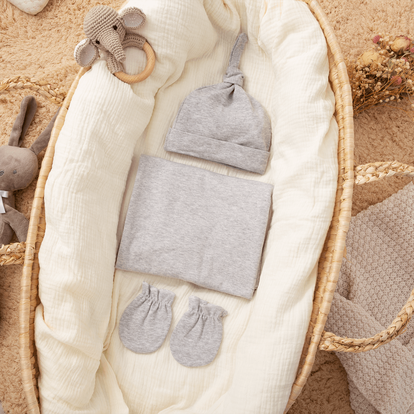 3-pack 100% Cotton Plain Newborn Wearable Blankets & Beanie Hat & Gloves