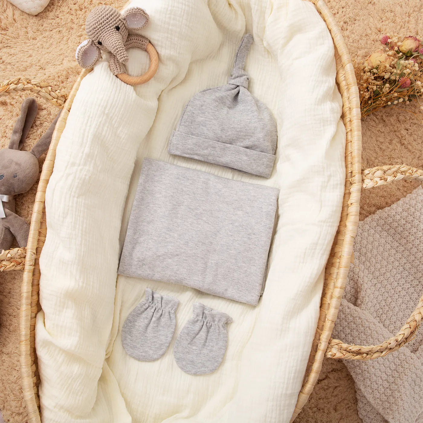 3-pack 100% Cotton Plain Newborn Wearable Blankets & Beanie Hat & Gloves  big image 1