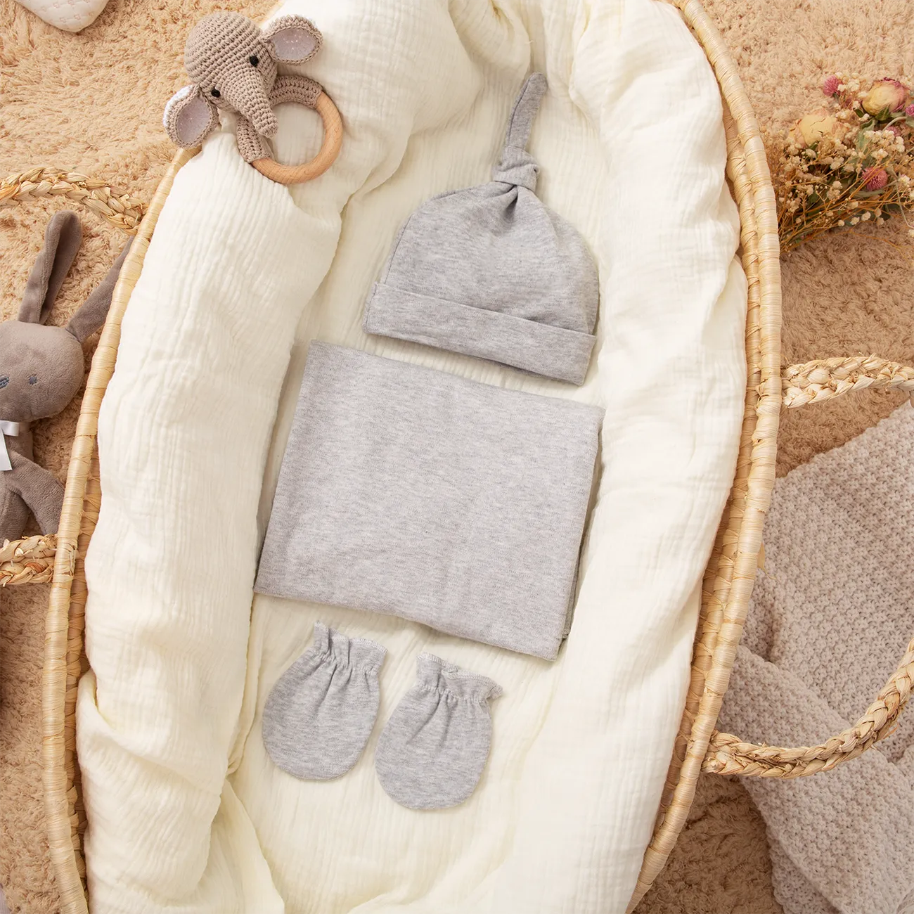 3-pack 100% Cotton Plain Newborn Wearable Blankets & Beanie Hat & Gloves  big image 1