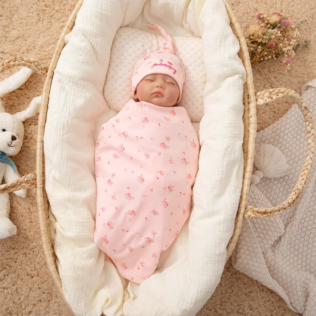 2-pack 100% Cotton Floral Print Newborn Wearable Blankets and Beanie Hat  big image 1