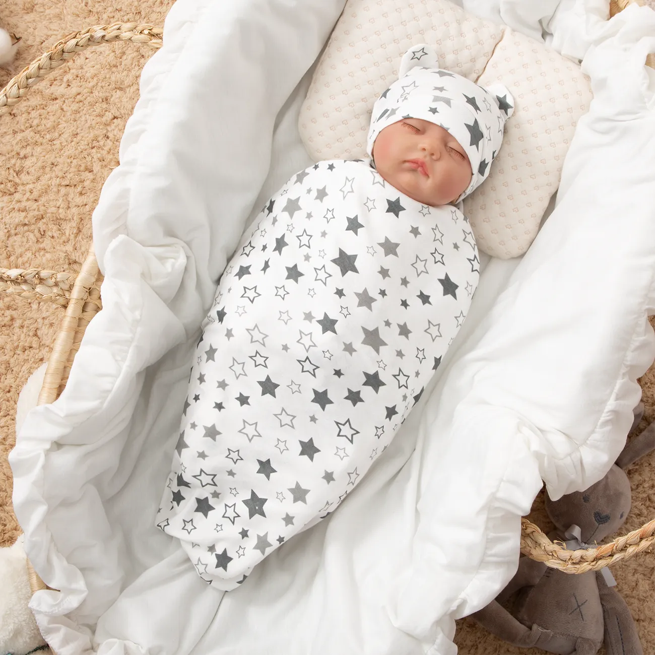 2-حزمة 100 ٪ القطن حديثي الولادة البطانيات القابلة للارتداء ومجموعة قبعة قبعة صغيرة  big image 1