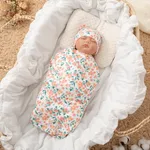 2-حزمة 100 ٪ القطن حديثي الولادة البطانيات القابلة للارتداء ومجموعة قبعة قبعة صغيرة زهري