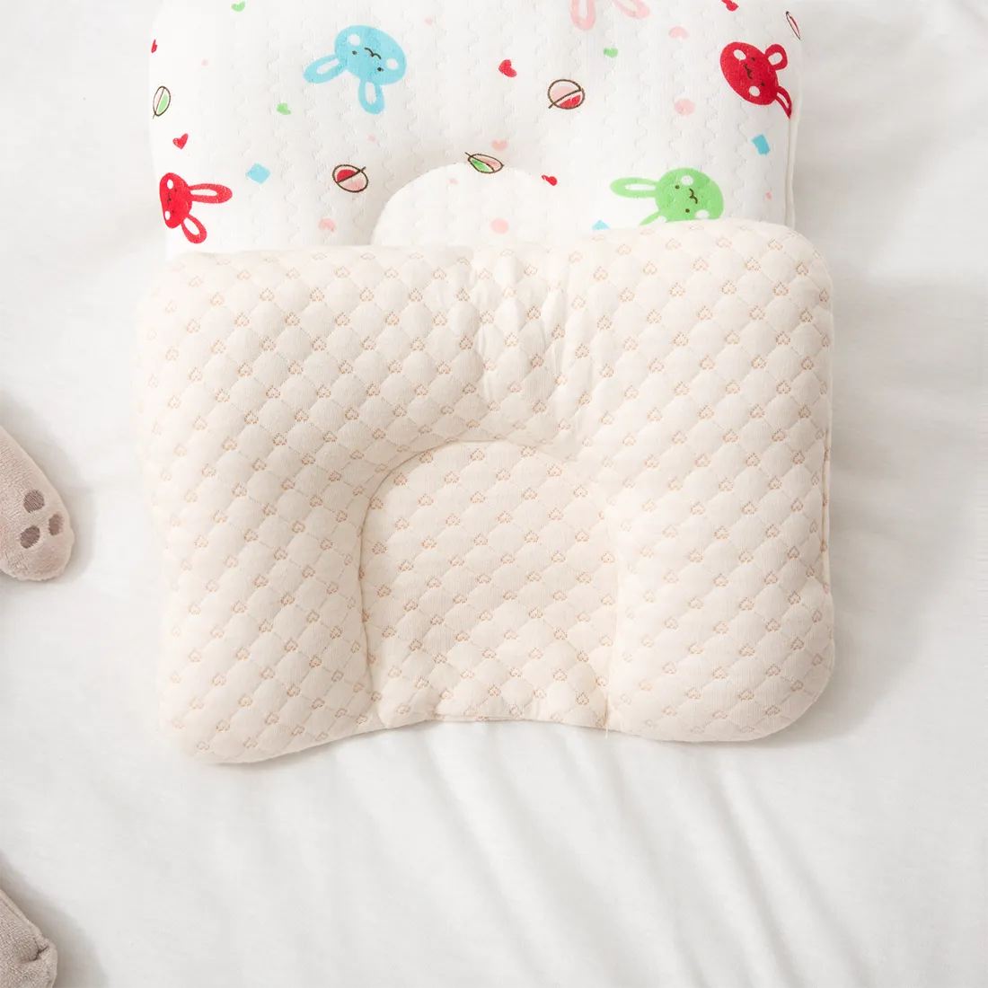 Baby 100% Colored Cotton Cute Cartoon Pillow Baby Head Shaping Pillow for Preventing Flat Head Syndrome Beige