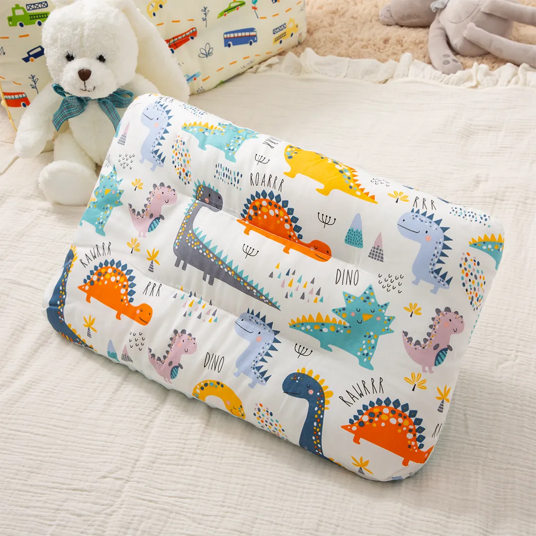 100% Cotton Baby Soothing Pillow Cartoon Dinosaur Unicorn Pattern Kids Soft Elastic Sleeping Pillows