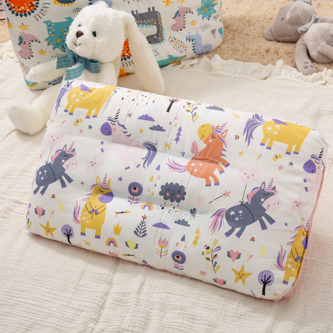 100% Cotton Baby Soothing Pillow Cartoon Dinosaur Unicorn Pattern Kids Soft Elastic Sleeping Pillows Pink big image 1