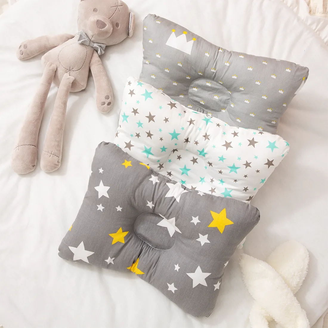 100% Cotton Baby Pillow Newborn Baby Anti Flat Head Baby Sleep Pillow Baby Bedding Sleep Positioner Support Pillow (25*19 cm/9.84*7.48inch  0-12 months) Light Grey big image 1
