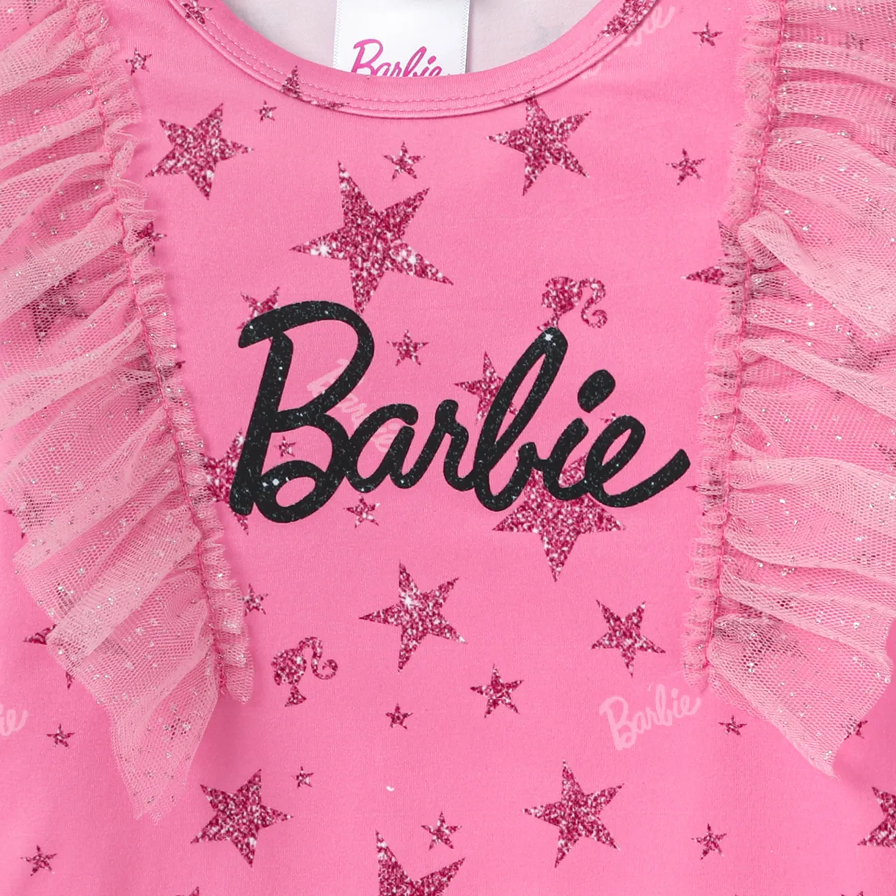 Barbie تي شيرت 2 - 6 سنوات حريمي كم طويل حافة كشكشة حروف زهري big image 1