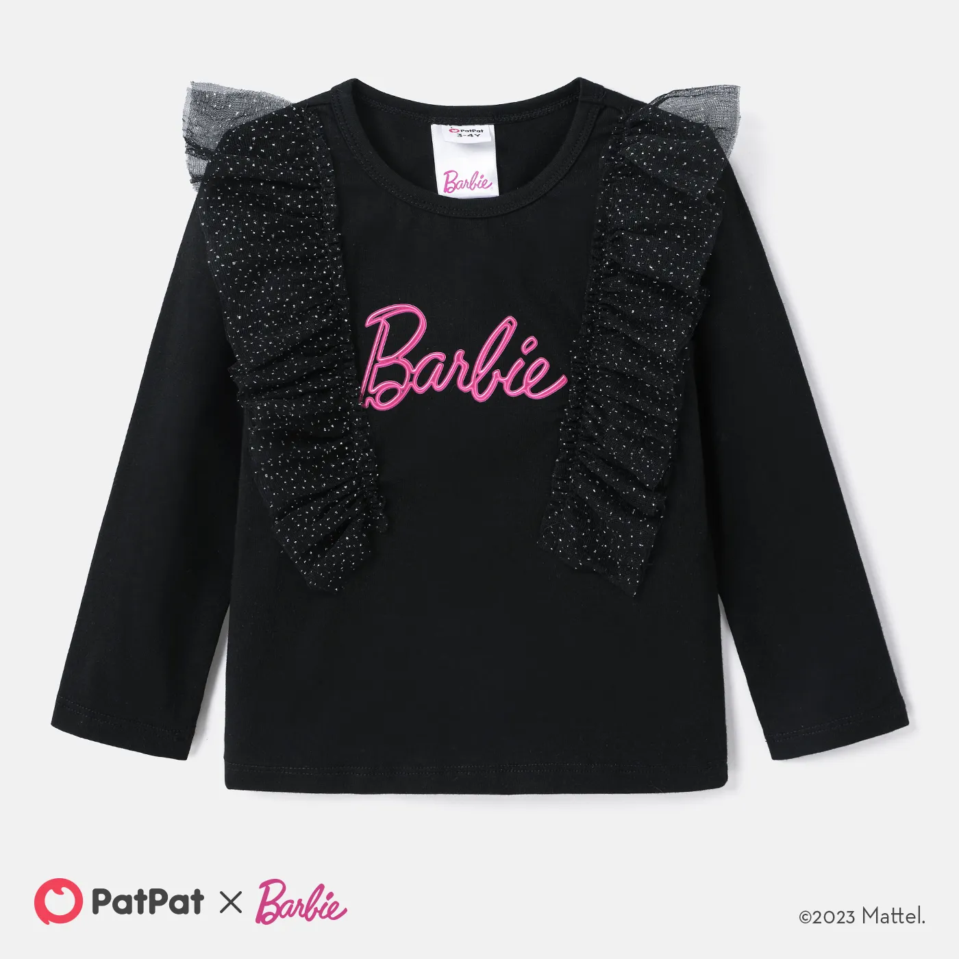 Barbie Toddler Girl Letter Print Mesh Panel Long-sleeve Tee  Black