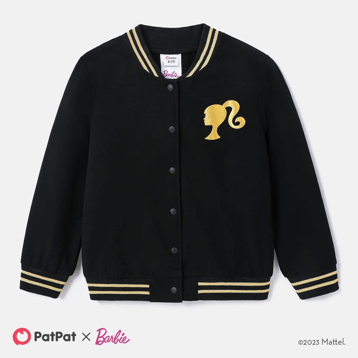 Barbie Kid Girl Figure Print Striped Long-sleeve Snap Button Sweatshirt   Black