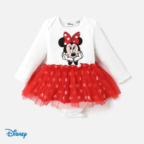 Disney Mickey and Friends Baby Girl Character Print Long-sleeve Polka Dots Mesh Combo Bodysuit Dress 