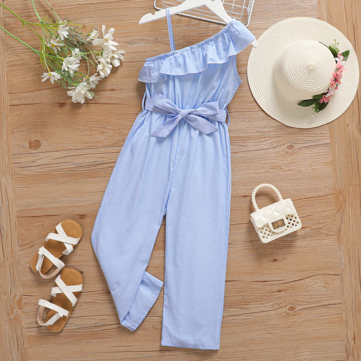 Kid Girl Blue Striped Belted One-Shoulder Cami Jumpsuit 