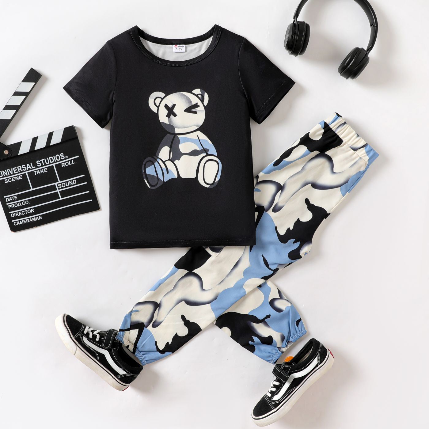 

2pcs Kid Boy Bear Graphic Short-sleeve Tee and Camouflage Pants Set
