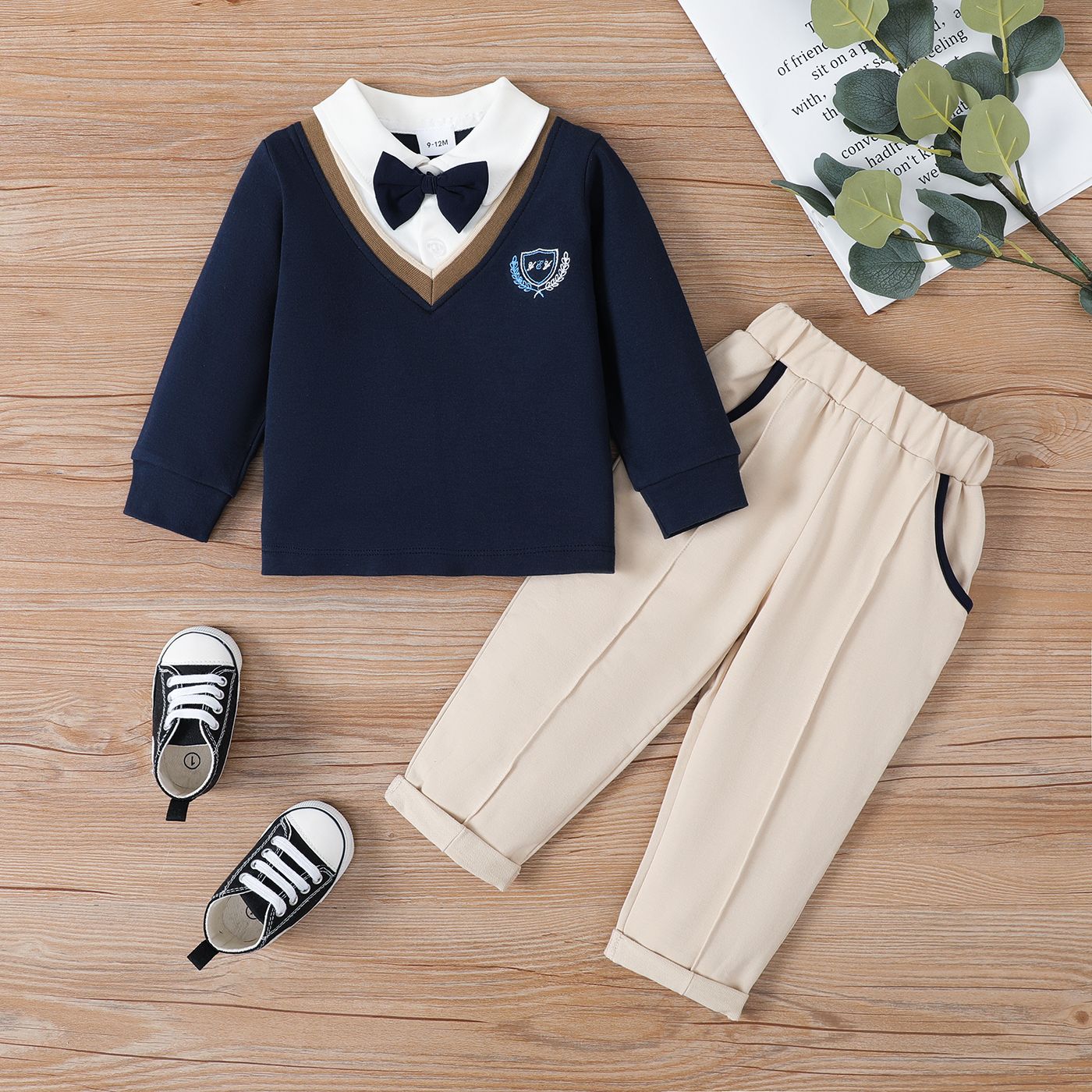 

100% Cotton 2pcs Baby Boy School Style Mini Gentleman Long Sleeve Set