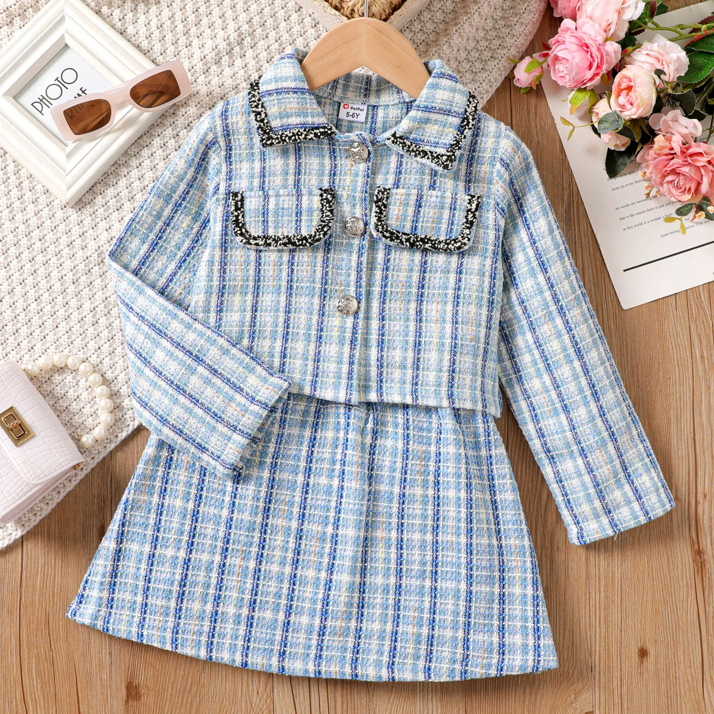 2pcs Kid Girl Tweed Long-sleeve Blazer and Skirt Set
