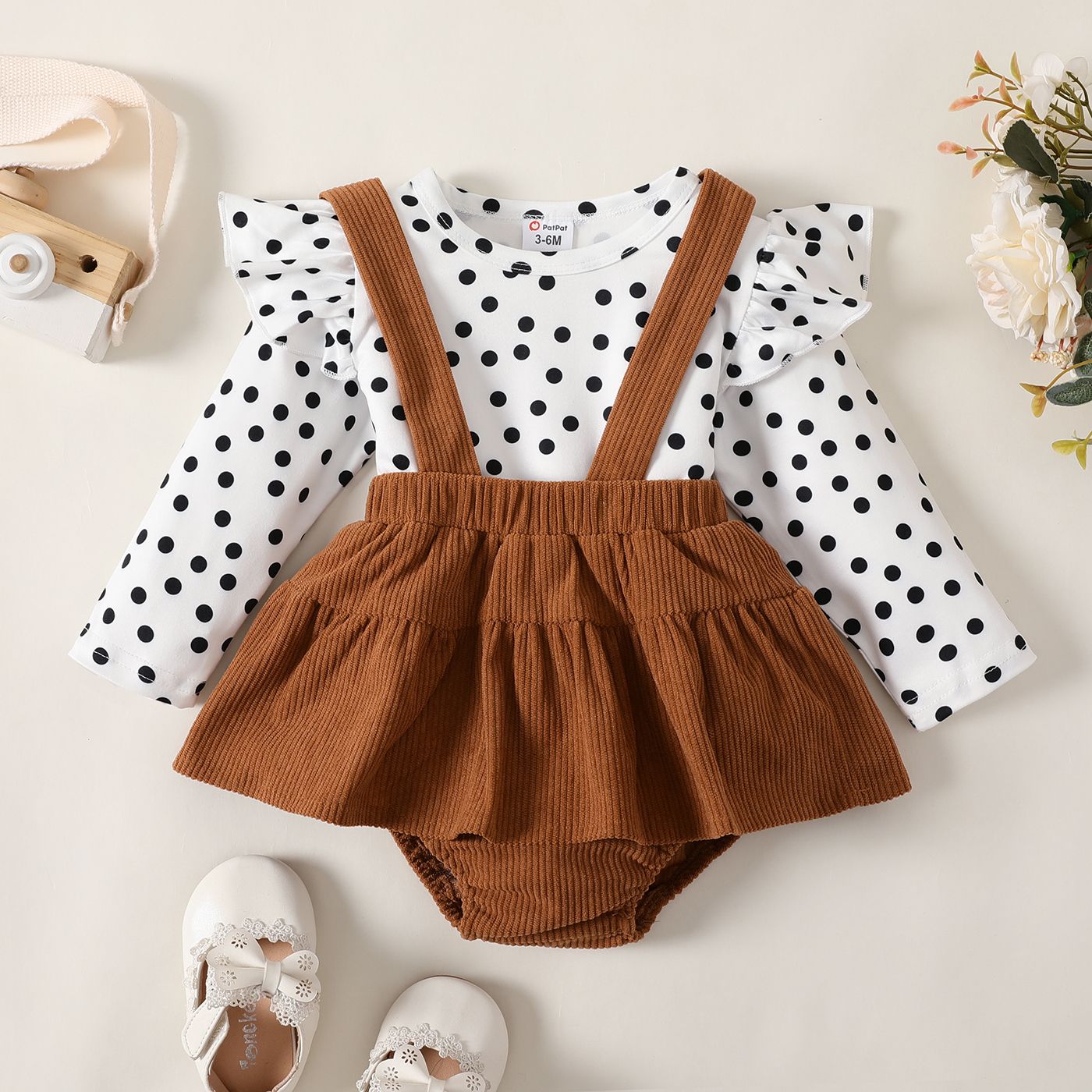 2pcs Baby Girl Allover Polka Dots Ruffle Long-sleeve Top and Solid Ribbed Strappy Bodysuit Skirt Set
