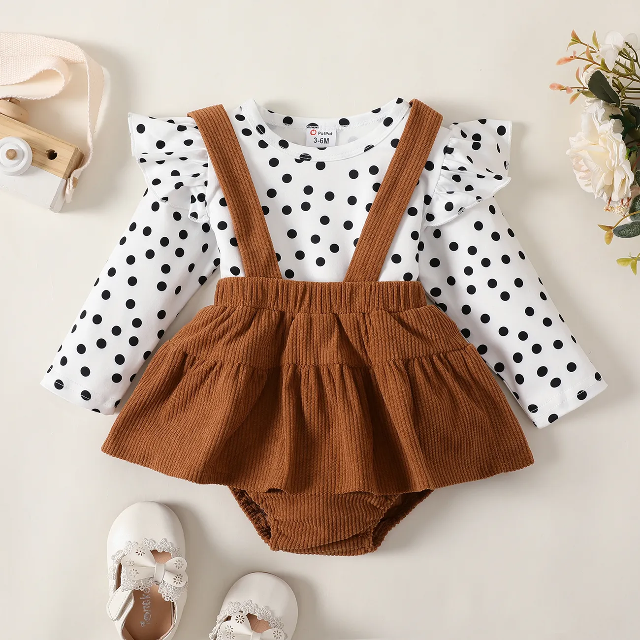2pcs Baby Girl Allover Polka Dots Ruffle Long-sleeve Top and Solid Ribbed Strappy Bodysuit Skirt Set  big image 1